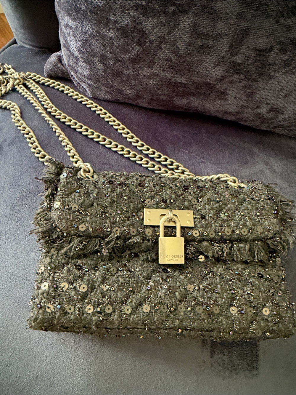 Kurt Geiger Olive Tweed Sequin Shoulder Bag with Gold Hardware